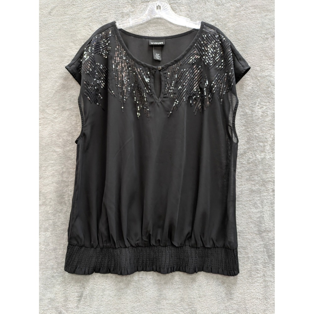 Lane Bryant Sequin Blouse Womens 18/20 Black Chiffon Smocked Hem Top Glam